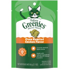 Greenies Cat Treats, Feline Veterinarian-Recommended Adult Natural Dental Cat Treats, Oven Roasted Chicken Flavor, 2.1 oz. Pouch