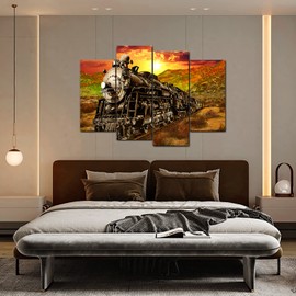 RnnJoile Train Canvas Wall Art Vintage Steam Train Coal Burning Locomotive Picture Print Old Train Artwork for Wall Decor Large Framed