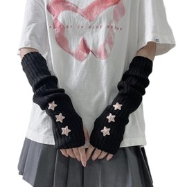 Fishjhan Cute Y2K Star Arm Warmers Kawaii Half Finger Adorable Accesspties for Teen Girl Glove Gyaru Harajuku Arm Sleeve (Black-Pink Star)
