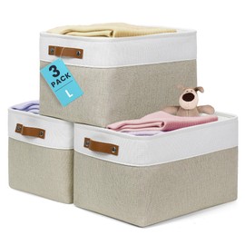 OrganiHaus Large Fabric Storage Baskets for Shelves 3 Pack, 15x11in Closet Storage Bins for Shelves, Canvas Baskets for Organizing, Linen Closet Organizers, Cloth Basket, Beige/Off-White