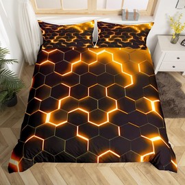 Homewish Orange and Black Print Single Bed Duvet Cover Set Neon Ombre Geometric Bedding with 1 Pillowcase, Modern Abstract Honeycomb Comforter Cover Beehive Simplistic Bed Set, Reversible