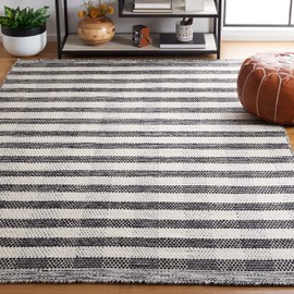 SAFAVIEH Striped Kilim Collection Area Rug - 5' x 8', Black & Ivory, Flat Weave Wool & Cotton Design, Ideal for High Traffic Areas in Living Room, Bedroom (STK807Z)