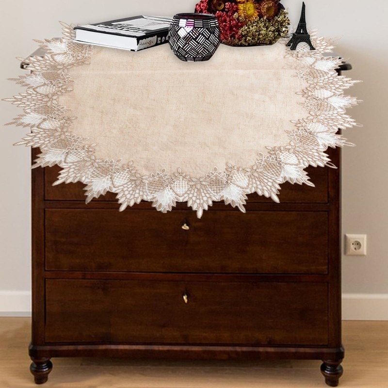 URROMA Round Doilies Linen 60x60cm Beige Tablecloth Lace Trim Coffee