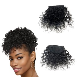 100% Human Hair Bangs Afro Curly Fringe Hair Bangs Fluffy Kinky Curly Human Hairpieces for Black Women Clip in on Hair Extensions (1B)