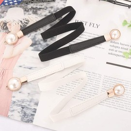 Porbbow Women Skinny Stretchy Waistband Pearl buckle elastic belt decorative belt summer dress belt Black