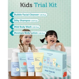 GOONGBE Kids Trial Travel Kit - Korean Low pH Skincare Set with Silky Shampoo, Body Wash, Facial Cleanser & Body Lotion - Silicone-Free Formula for Sensitive Skin, 1.01 fl.oz. each