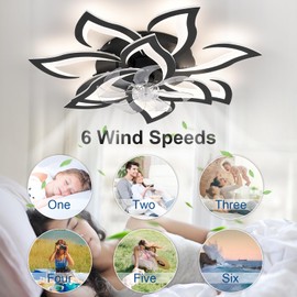 ZHMDJDSH Ceiling Fan with Light Remote Control, 32" Black Flower Ceiling Fan with Lights, Low Profile Flush Mount Ceiling Fan for Kitchen Bedroom Living Room