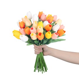 AWARDSEN 20pcs 14" Tulips Artificial Flowers for Real Touch Fake Tulips Slik Faux Flowers for Summer Wedding Bouquet Spring Easter Mother's Day Decor (5 Color)