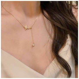 Inilbran Boho Crystal Y Lariat Necklace Vintage Crystal CZ Northstar Necklace Gold CZ Northstar Choker Necklace Rhinestone Tassel Pendant Necklace Jewelry for Women and Girls