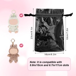 Tinoaly Clear Doll Display Bag, Portable Protective Case with Pom Poms Flower Bell Rope Hanging Drawstring Organizer for Collectibles Figures & Plush Dolls (Black-Large)