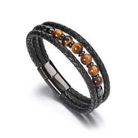 Jovivi Mens Leather Beads Bracelets 8mm Natural Tiger Eye Stone Beaded Multilayer Braided Leather Cuff Bracelets with Stainless Steel Clasp Protection Jewelry Gifts for Him