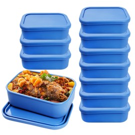 TANEMUDO 10 Pcs 2 Cup Silicone Freezer Trays with Lids Reusable Food Tray Freezing Molds Rectangle Containers for Food Preserving (Blue)
