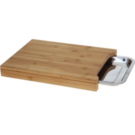 mucHome Schneidebrett aus 100% Bambus mit Edelstahl Auffangschale - antibakterielles Holz-Brett 35 x 25 cm - messerschonendes Bambusholz Küchenbrett