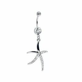 LionGothic Belly Button Ring with Dangle Star Fish with Clear Cubic Zirconia Jewels 14G