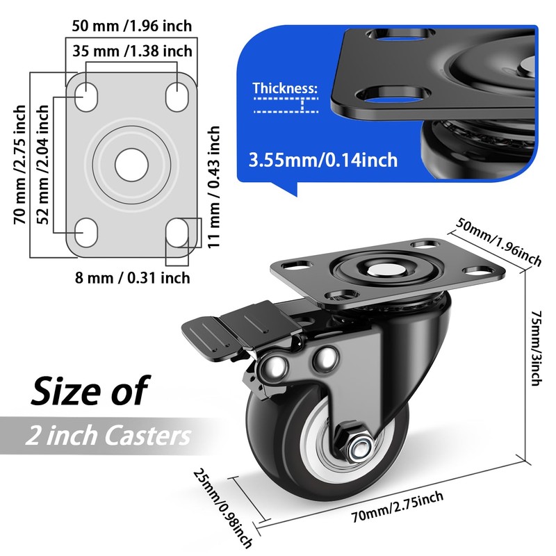 2 Inch Caster Wheels Set of 4, Heavy Duty Casters