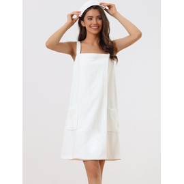 cheibear Womens Towel Dress Terry Wrap Bathrobe Spa Towelling Robe with Strap for Gym Shower Bath Medium White