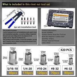 ASKWAY SAE Rivet Nut Tool 420pcs Imperial Carbon Steel Rivet Nut Tool Kit