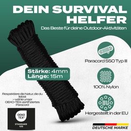 PinPro 4 mm Paracord Made of 100% Nylon, 550 Type 3, Abrasion-Resistant Survival Rope with 250 kg Load Capacity, Durable Cord Ideal for Shelter Construction & Bracelets, Oeko-Tex® Certified (Dark