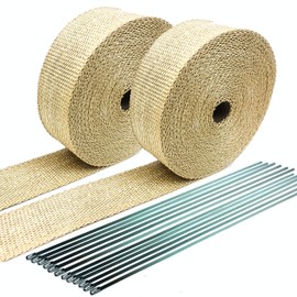 Tan Natural High Temperature Header Exhaust Pipe Insulation Wrap Kit: 2 Rolls EACH 2 INCH WIDE X 25 FEET LONG with Stainless Steel Zip Ties Kit- Thermal Zero - TN116225TKX2