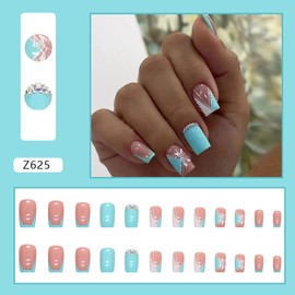 24pcs Press on Nails Medium Coffin Light Blue Fake Nails Nude French With Rhinestones Design False Nails Square Full Cover Stick on Nail Summer Glue on Nails Set for Women Nail Art Supplies