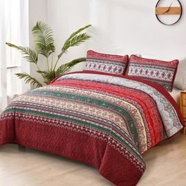 WONGS BEDDING Boho Queen Quilt Set, Red Bohemian Quilt Bedding Set, Lightweight Bed Decor Bedspread for All Season Reversible Microfiber Coverlet Bedding Set 96"x90"(3 Pieces)