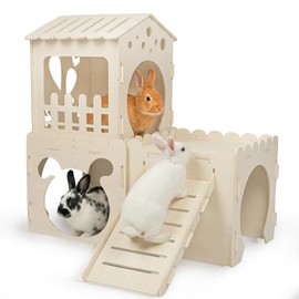 Extra Large Rabbit Castle, Wooden Bunny House &,Detachable Rabbit Hideaway, Indoor Hamster Castle with Ramp, Small Animal Houses & Habitats for Guinea Pig Chinchilla Ferret(3 House)
