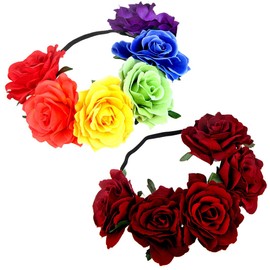 Pack of 2 Hawaiian Stretch Rose Flower Headband for Women Girls Hair Band Flowers Garland Crown Headdress Wedding Festival Supplies