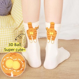 VVQWCY 2 Pairs Cute Cat Socks with Balls Breathable Funny Cotton Socks Gifts for Women Kitten Lovers