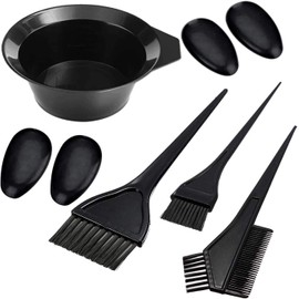 POFET 8pcs Hair Dye Set Hair Color Bowl Comb Brush Set Hairdressing Salon Hair Dye Brush Tint Bowl Ear Muffs Tool Set (Black)