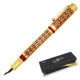Gullor Openwork Gold Fountain Pen with Gift Box, Screw Cap, Red Barrel, Fine Nib