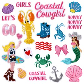 21pcs Coastal Cowgirl Iron on Patches, Summer Ocean Waves Embroidered Appliques for Hats Clothes Bags Jeans Beach Accessories