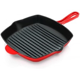 NutriChefKitchen Nonstick Cast Iron Grill Pan - 11-Inch Kitchen Square Skillet Grilling Pan, Enameled Steak w/Side Drip Spout For Electric Stovetop, Induction, Gas, Black (NCCIES47.5)