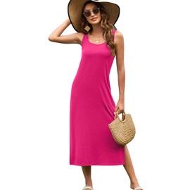 Naggoo Women's Sleevelee Tank Dress Midi Summer Casual Scoop Neck Basic Split Maxi Tshirt Sundresses with Pockets Rose Pink