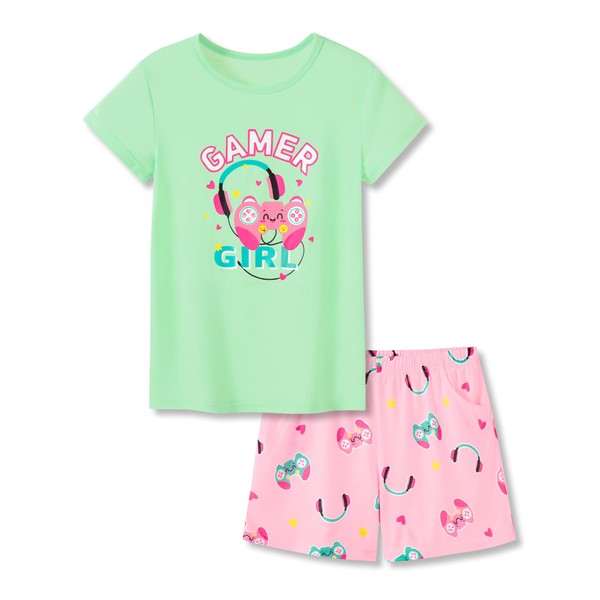 Beezizac Big Girls Pajamas Adorable Green & Pink Gamer Soft