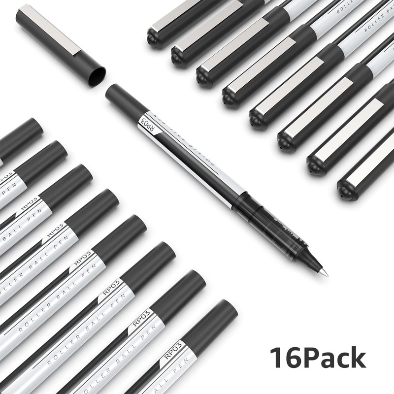 Rollerball Pen Fine Point Pens: 16Pack 0.5mm Black Gel Liquid