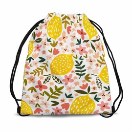 Sotunad Drawstring Backpack Fresh Lemon Lightweight Gym Backpack Yellow Fruits Green Leaf Red Flower White Background for Women Men 14x16.9 Inch