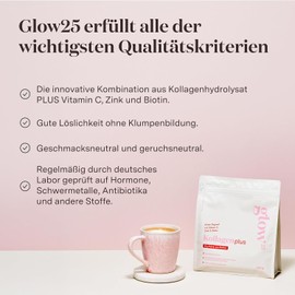 Glow25® Collagen Plus Powder [450g] - Collagen Hydrolysate with Vitamin C, Zinc and Biotin - Peptides Type 1 and 3 - Good Solubility - Neutral
