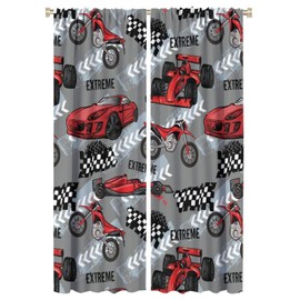 Cartoon Speed Racer Curtains, Seamless Pattern Sports Car Motorcycle Automobile Race for Boys, Thermal Insulation Blackout Rod Pocket Window Drapes for Living Room Bedroom Bathroom 42x63in