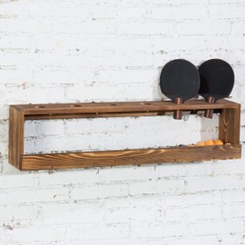 MyGift Rustic Wood Wall-Mounted Ping Pong Paddle Display Rack with Ball Storage Holder Shelf
