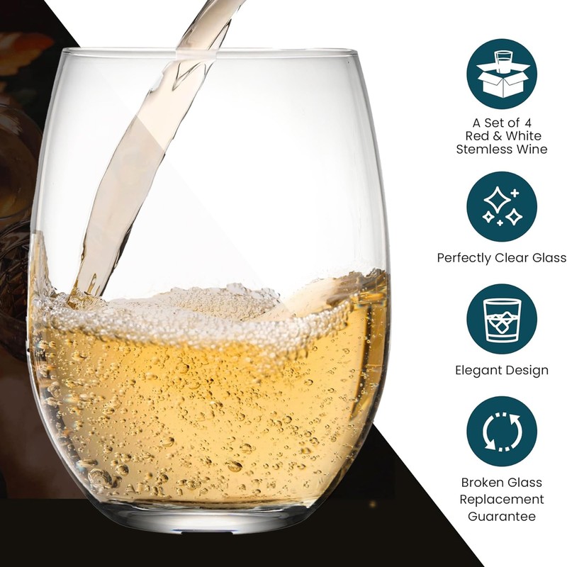 Stemless Wine Glass, Red & White 15oz Stemless Wine Glass