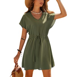 Ekouaer Women's Cover Ups Casual Swimsuit Coverups Flowy Tie Waist Beach Cover Up Dress(Army Green, Medium)