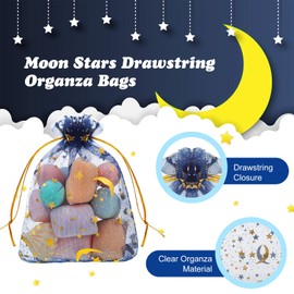 Shappy 150 Pieces Moon Stars Drawstring Organza Bags Jewelry Gift Bags Pouches Gold Star Organza Favor Pouches for Christmas Wedding Party (Dark Blue, 3.5 x 4.7 Inch)