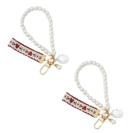 Myuiao 2pcs Red Cute Women's Imitation Pearl Chain Key Chain Girl Heart Strawberry Lace Ribbon Car Pearl Key Ring Charm Pendant Bag Hanging Keychains Accessories