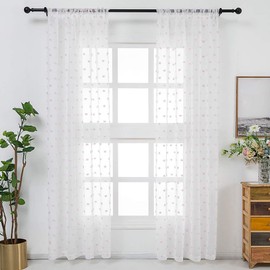 FINECITY White Sheer Curtains 96 Inch Length - Rod Pocket Embroidered Cute Pink Pom Poms Curtain 2 Panels Light Filter Soft Window Voile Drapes for Girls Room, 52 x 96 Inch, 1 Pair, White Pink