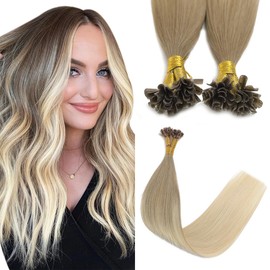 Sindra Keratin Nail Extension Tips Real Human Hair Balayage Ombre Ash Brown to Platinum Blonde 18inch 50 Strand 50G Prebonded Fusion U Tip Hair Extensions Human Hair（Utip#8/60-18inch）