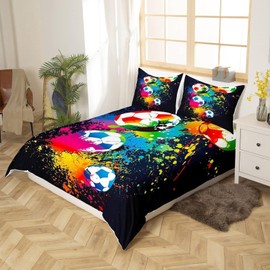 Tabeskly Kids Boys Graffiti Multicolor Football Soft Zipper Bed Bedding Duvet Cover Set Single Black 135×200cm