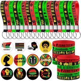 Sotiff 72 Pcs Juneteenth Day Party Favors Set Includes 24 Rubber Bracelets 24 Keychain 24 Button Pins 25mm for African American Themed Juneteenth Day Themed Party Decoration Supplies