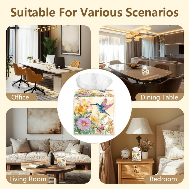 DELORIGIN Flowers Tissue Box Holder, Hummingbird Square Tissue Box Cover