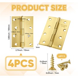 Anstore 4 Door Hinges Stainless Steel Hardware Hinges Piano Band Gold, 100 x 70 x 1 mm Stainless Steel Hinges Fitting for Doors and Furniture with 48 Screws 7 x 11 mm, Folding Hinges Connector