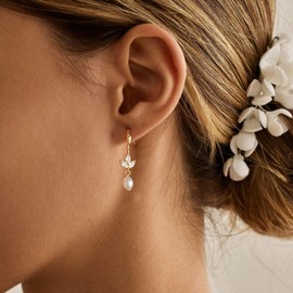 Pearl Dangle Earrings for Women, Dainty Wedding Earrings for Brides Trendy 14K Gold Plated Pearl Drop Earring Cute Prom Jewelry Bridesmaid Gifts for Women